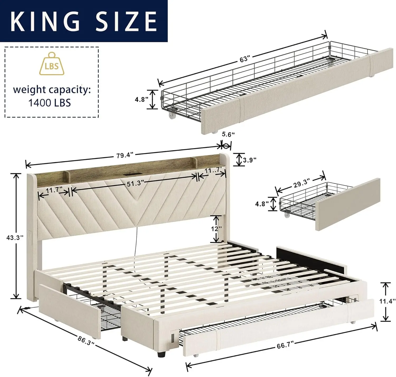 Bed Frame King Size with Headboard, Upholstered Platform Bedframe with 3 Underbed Storage Drawers, AC USB & Type C Charge Statio