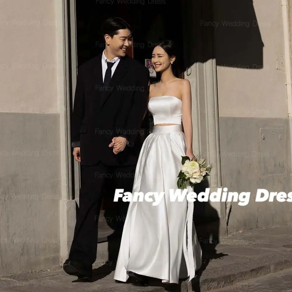 

Fancy Simple 2pcs Soft Satin Korea Wedding Dress A Line Strapless Prom Gown High Split Evening Dress Back Zip Corset Customized