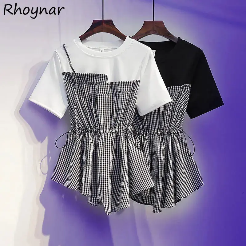 

Женская рубашка из 2 предметов, шикарная клетчатая рубашка, свободный дизайн, асимметричные универсальные модные летние топы в корейском стиле, популярные Ins