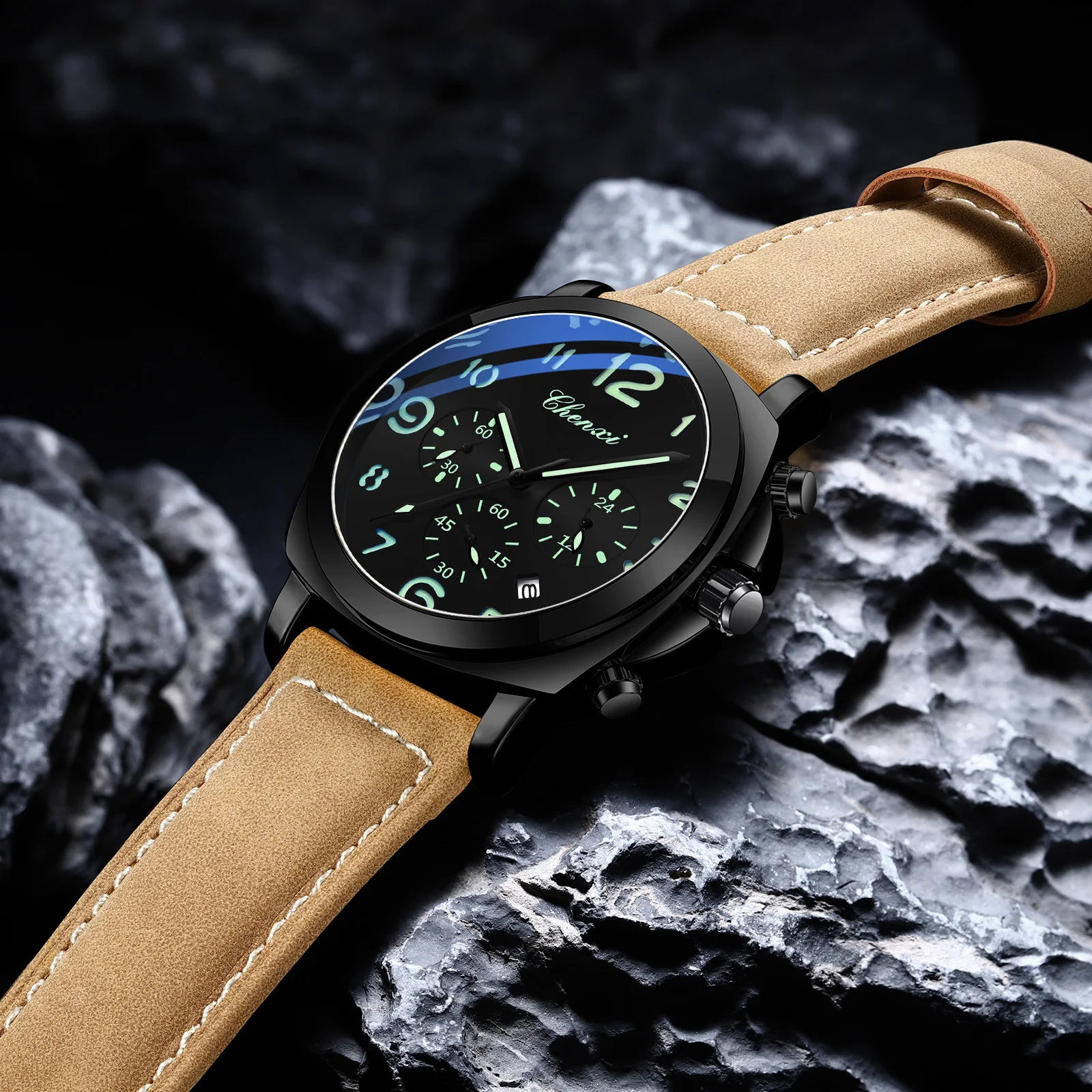 CHENXI 2025 nouvelle mode décontracté hommes de luxe en cuir montres multi-fonction Quartz étanche lumineux chronographe montre pour hommes