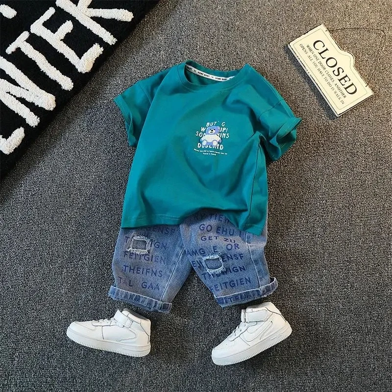 Children's Clothing Set 2023 New Boys' Summer Short Sleeve T-shirt Shorts Baby Cool Denim Shorts Two Piece Set Fashion