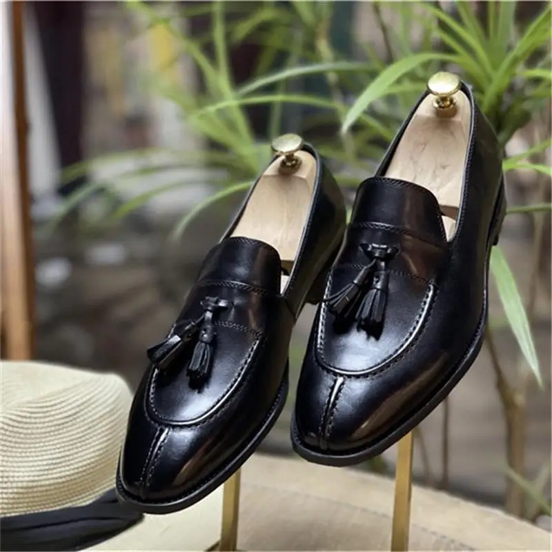 Classic Men Business Loafers Genuine Leather Square Toe Low-heeled Tassel Black Business Casual Wedding Party Daily Men Shoes