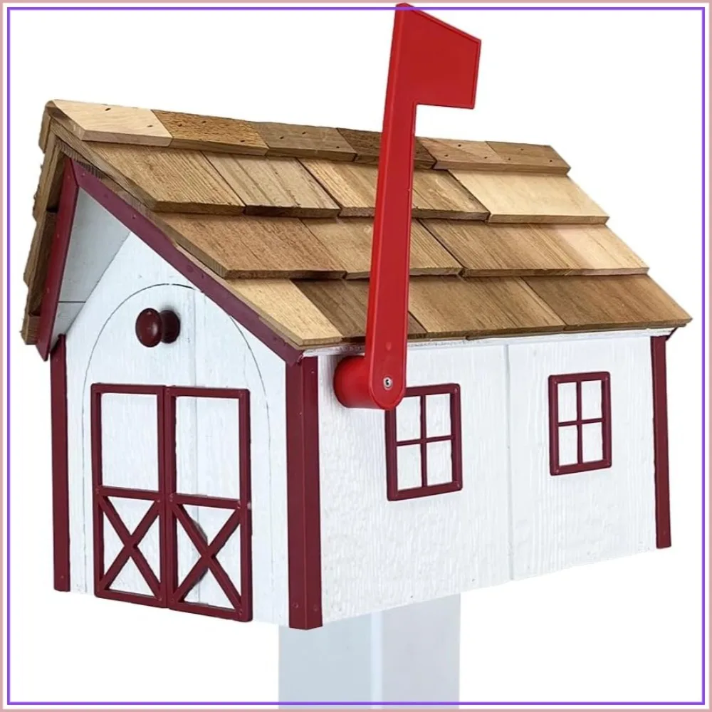 Amish Cedar Wooden Mailbox White Burgundy Roof Classic Outdoor Post Mount