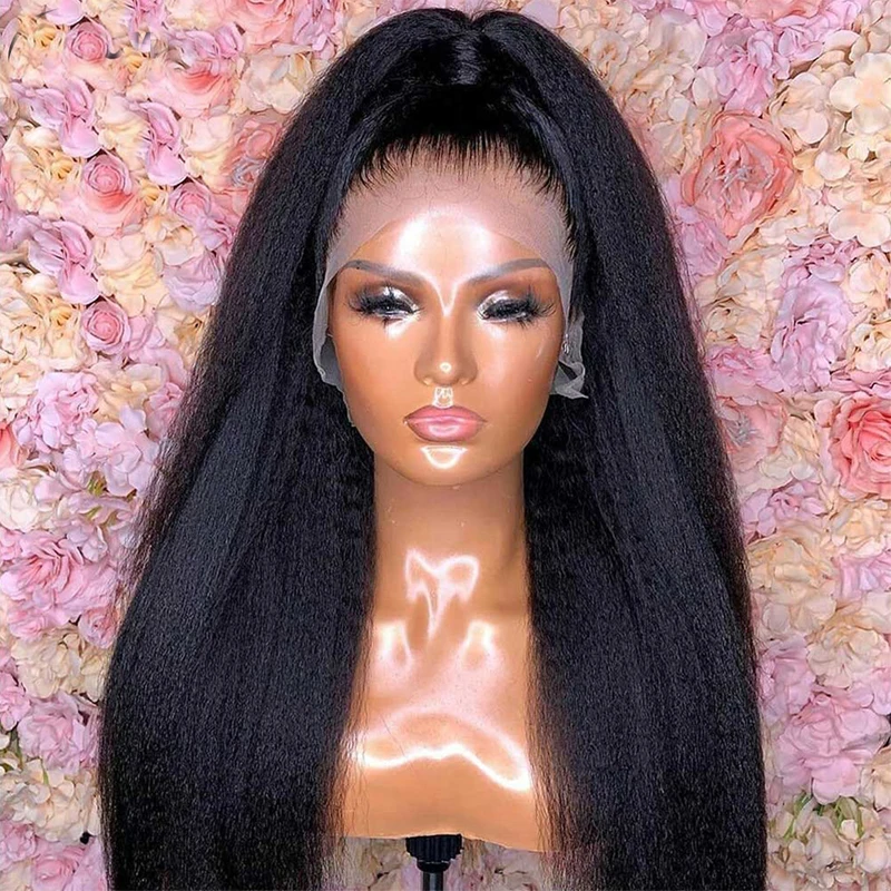 Perruque Lace Front Wig Yaki Synthétique Sans Colle, Cheveux Crépus Lisses, Doux, Noir Naturel, 26 Pouces, Pre-Plucked, avec Baby Hair, pour Femme