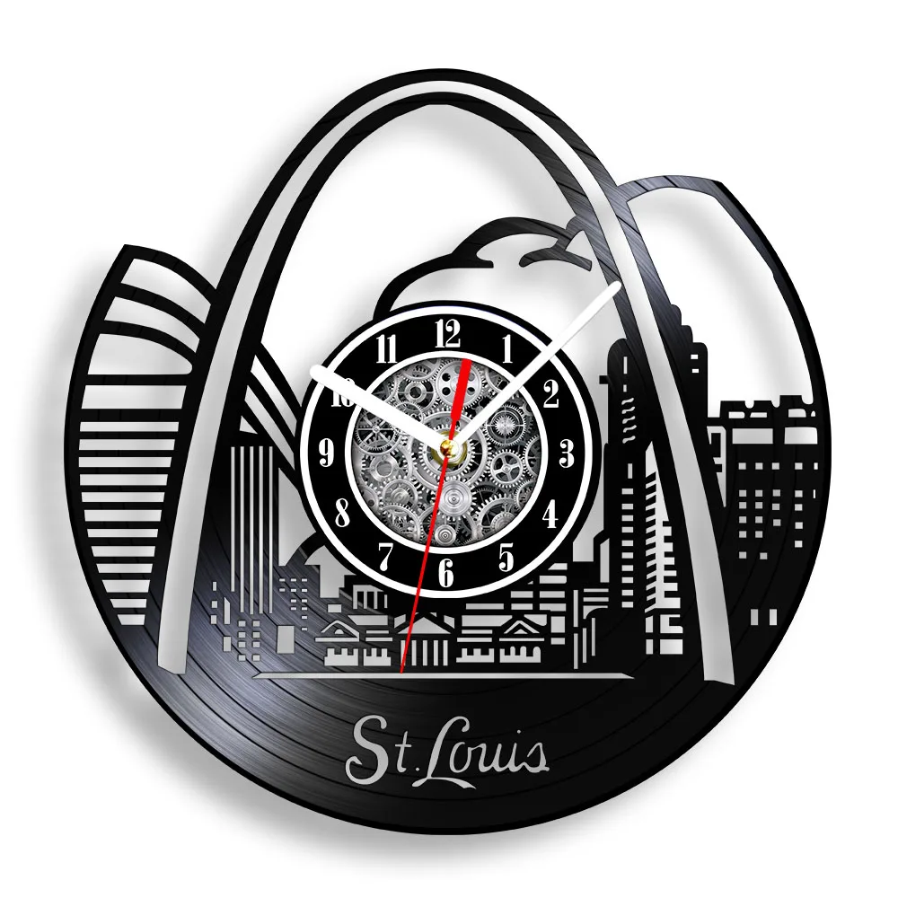 Saint Louis Skyline Vinyl LP Record Wall Clock Born In Missouri Decoration St. Louis Home Cityscape Handicraft Music Album Clock