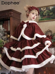 Christmas Lolita Dress Women Red Lolita Sleeveless Dress Sweet Hooded Long Sleeve Cloak and Layered Cake Dress 2 Piece Sets