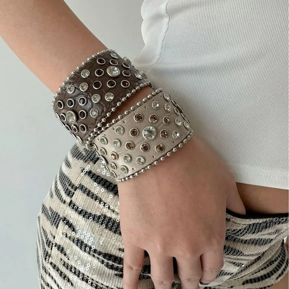 

Jewelry Adjustable Rhinestone Bracelet Spicy Girl Punk Pu Leather Bracelet Crystal Vintage Hip-Hop Bangle Arm Accessories