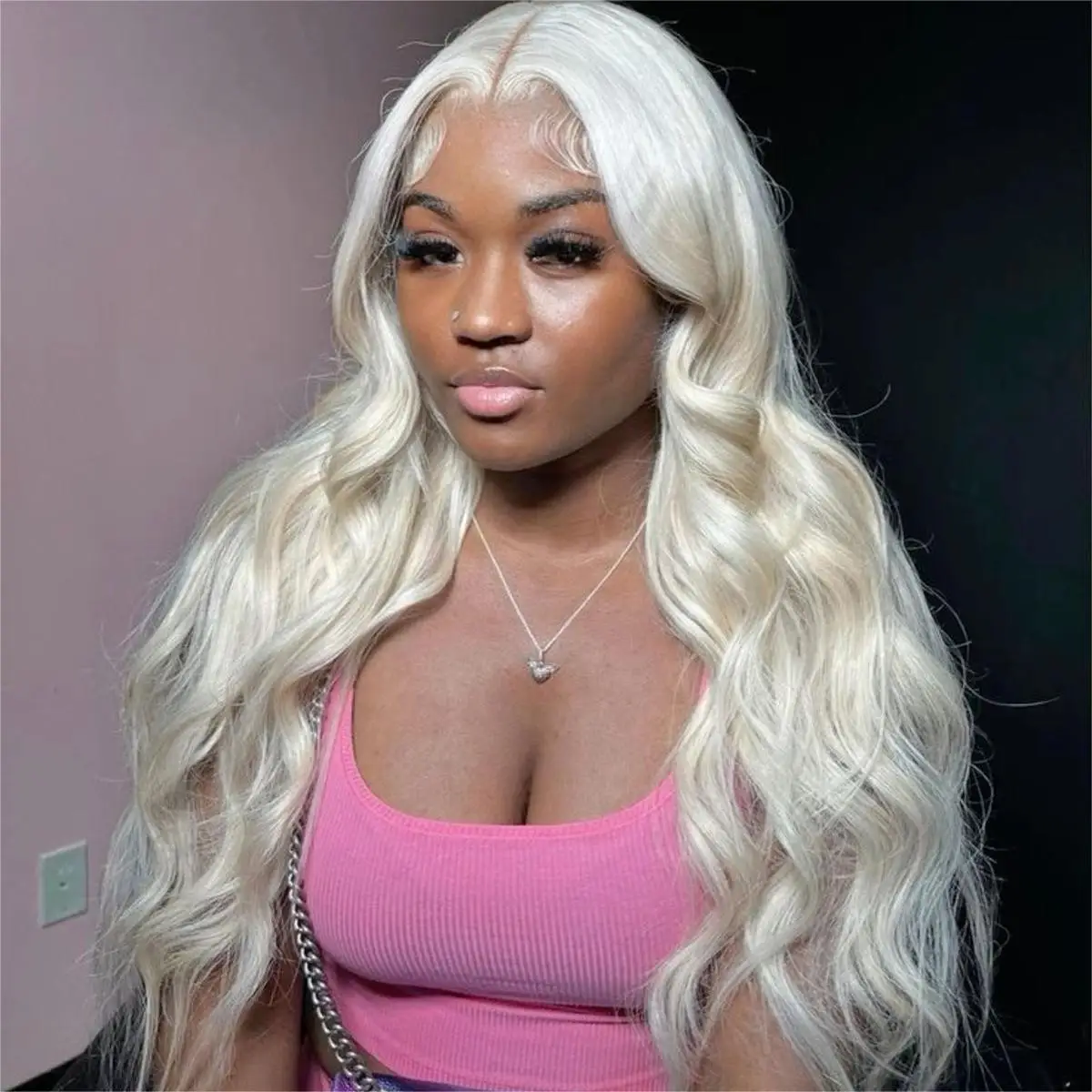 RONGDUOYI Platinum Blonde Long Wave Frontal Lace Wig  Synthetic Heat Resistant Fiber Lace Natural Hairline Middle Cosplay