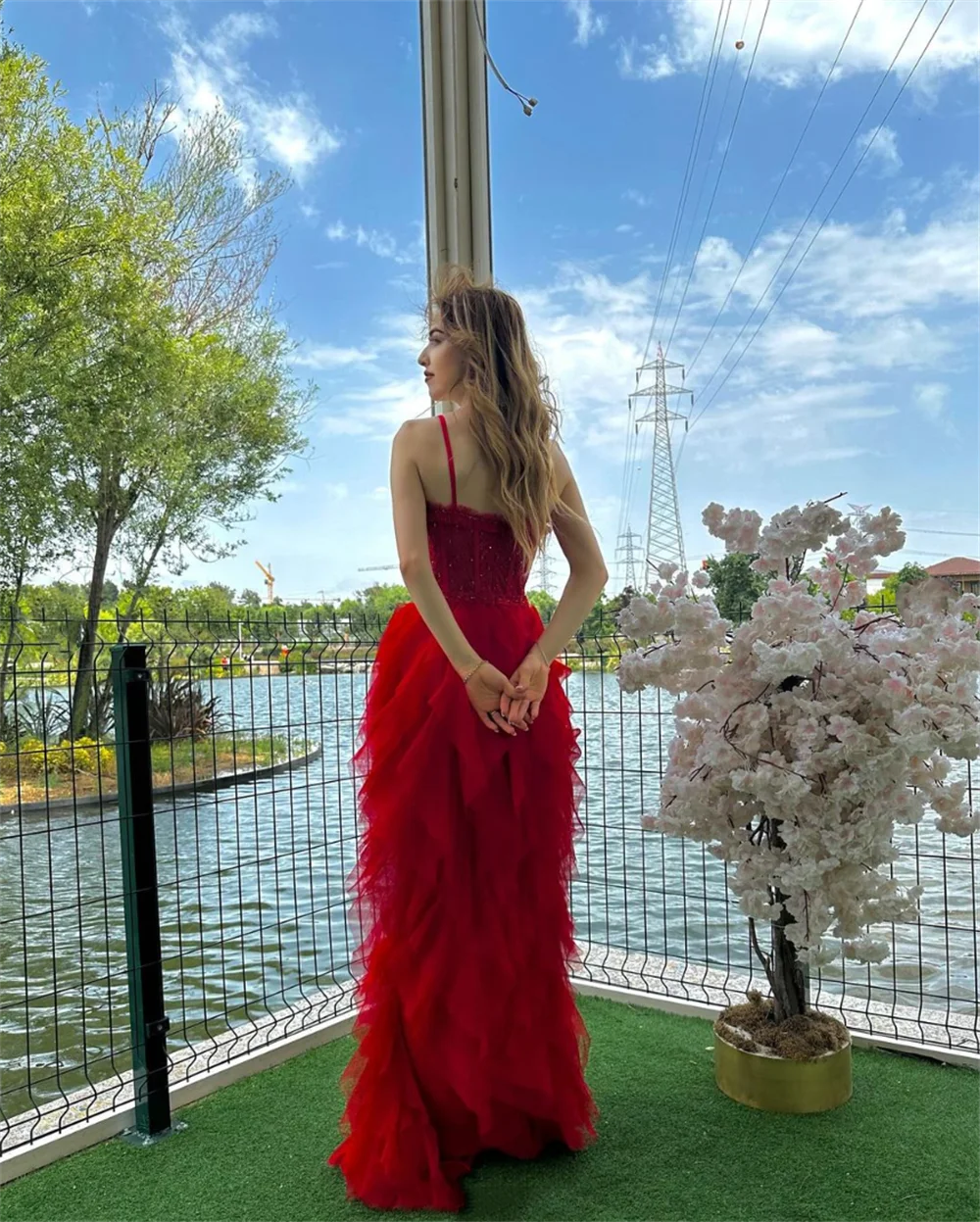 Annie Fairy Red Princess Wedding Dress Spaghetti Straps Tulle Multi-layer Prom Dresses A-line  فساتين سهرة Vestidos De Fiesta