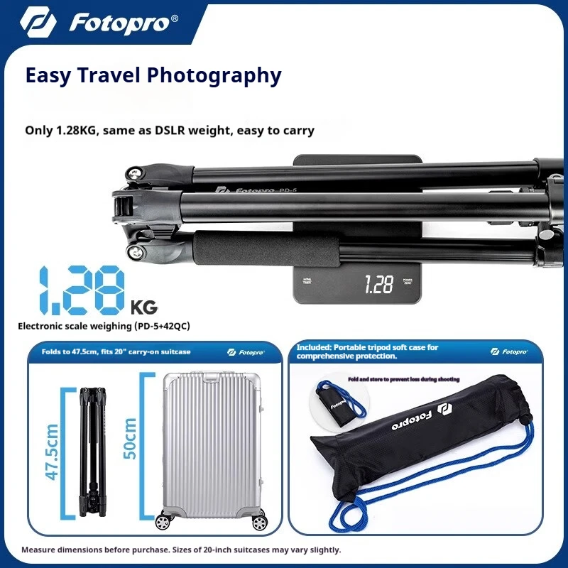 Fotopro PD5+42QC 1.85미터 DSLR 삼각대 – 짧은 비디오 촬영용 휴대용 유압 댐핑 삼각대, 알루미늄 합금