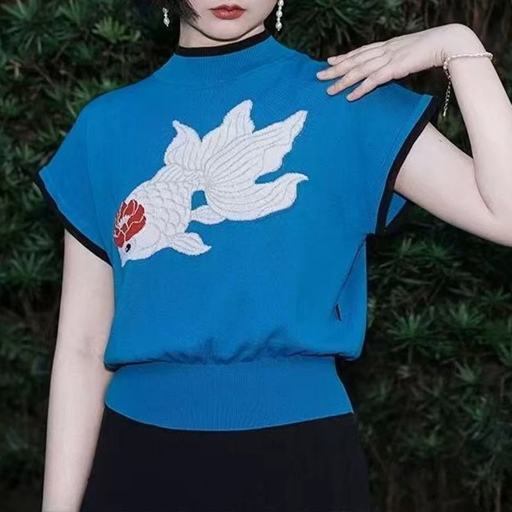 

Summer new new Chinese goldfish knitted sweater short-sleeved retro jacquard top elegant romantic pullover crew neck top