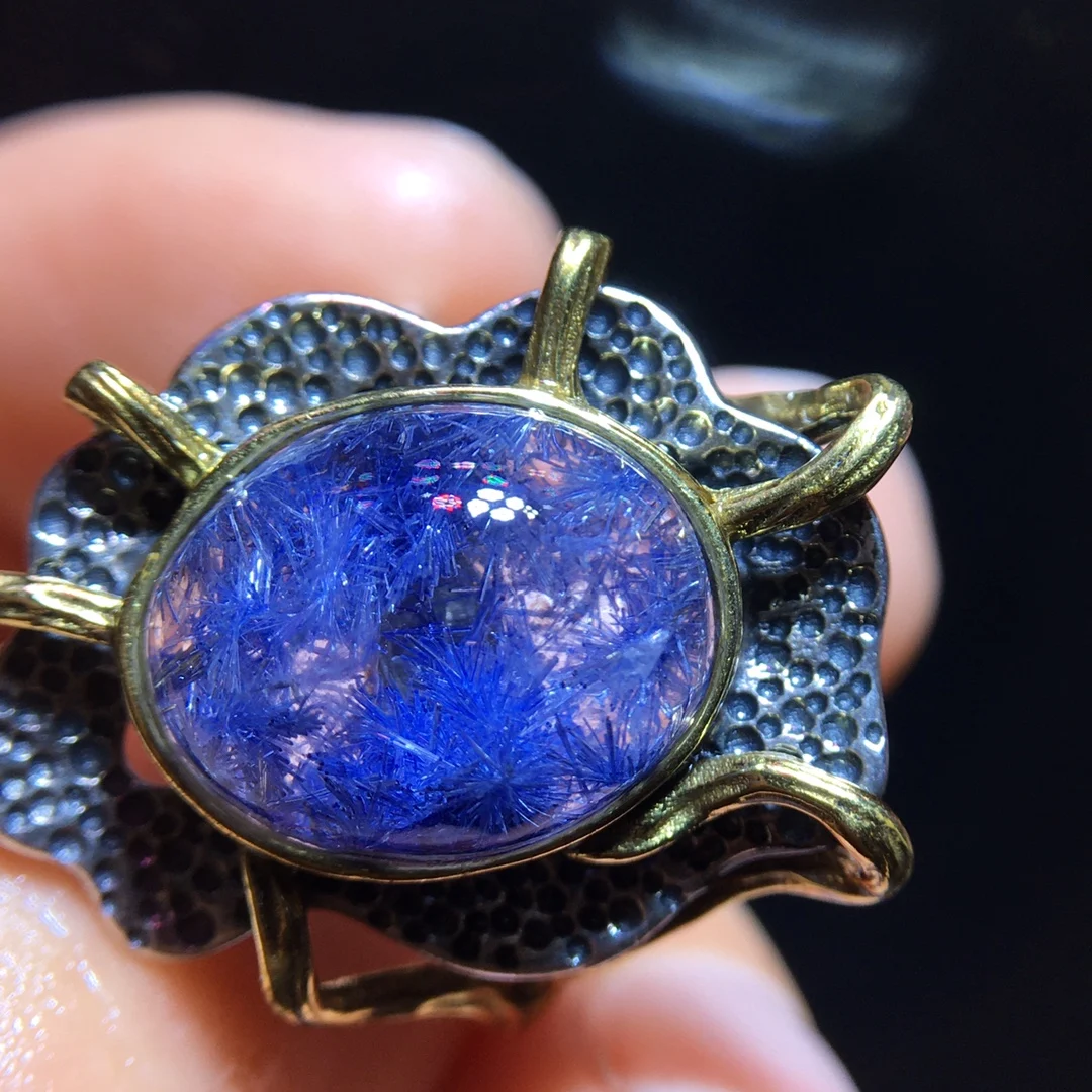 

Natural Blue Rutilated Dumortierite Quartz Adjustable Ring 17/11mm Oval Woman Men Ring Jewelry AAAAAAA