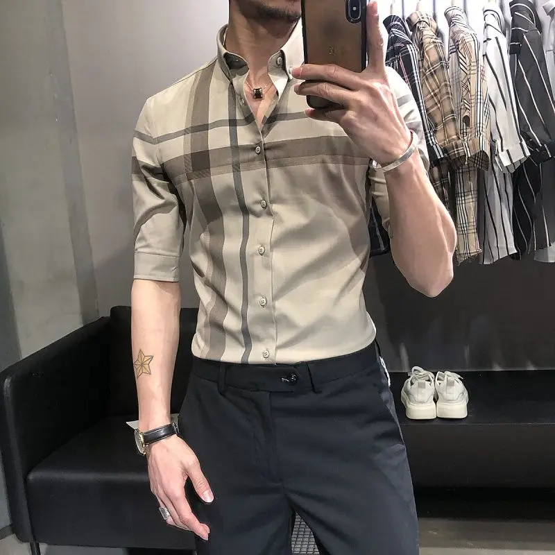 Korean Trendy Summer New Short Sleeve Plaid Shirt Men Stand Collar Button Casual Fashion Versatile Slim Quarter Sleeves Thin Top