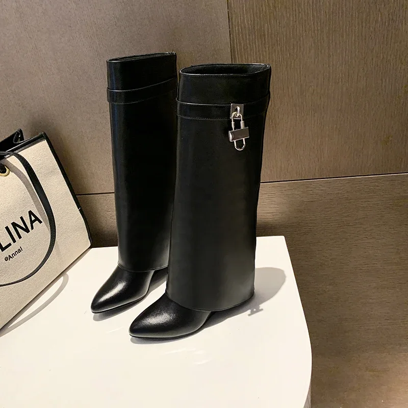 Winter 2025 New Luxury Black Ladies' High Heels Sexy Pointed Knee Boots Comfortable Pu Warm Chelsea Boots Plus Size Botas Mujer - view 4