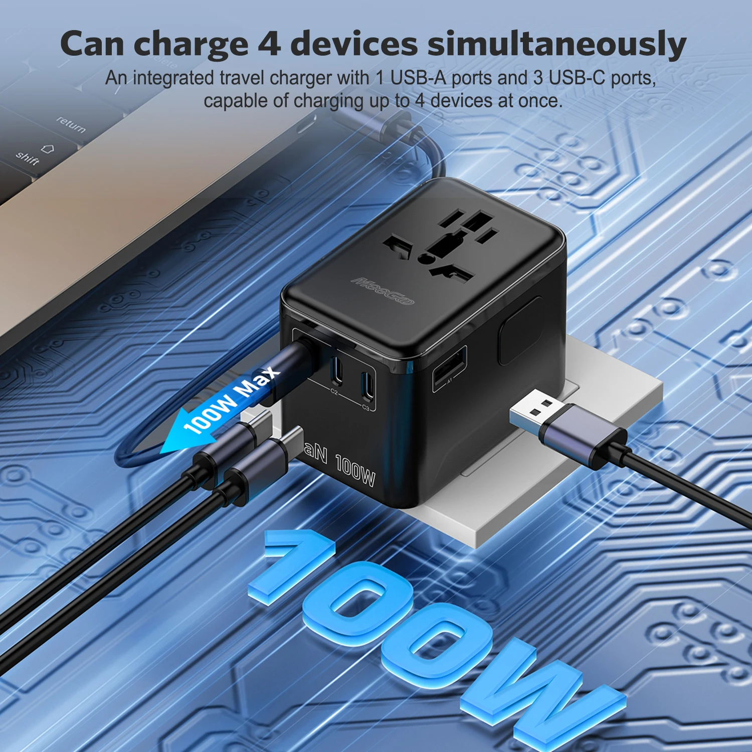 MeeGoo 100W GaN Universal Travel Adapter with 1USB-A and 3Type C, 1AC Fast Charging Power Adapter EU/UK/USA/AUS Plug for Travel