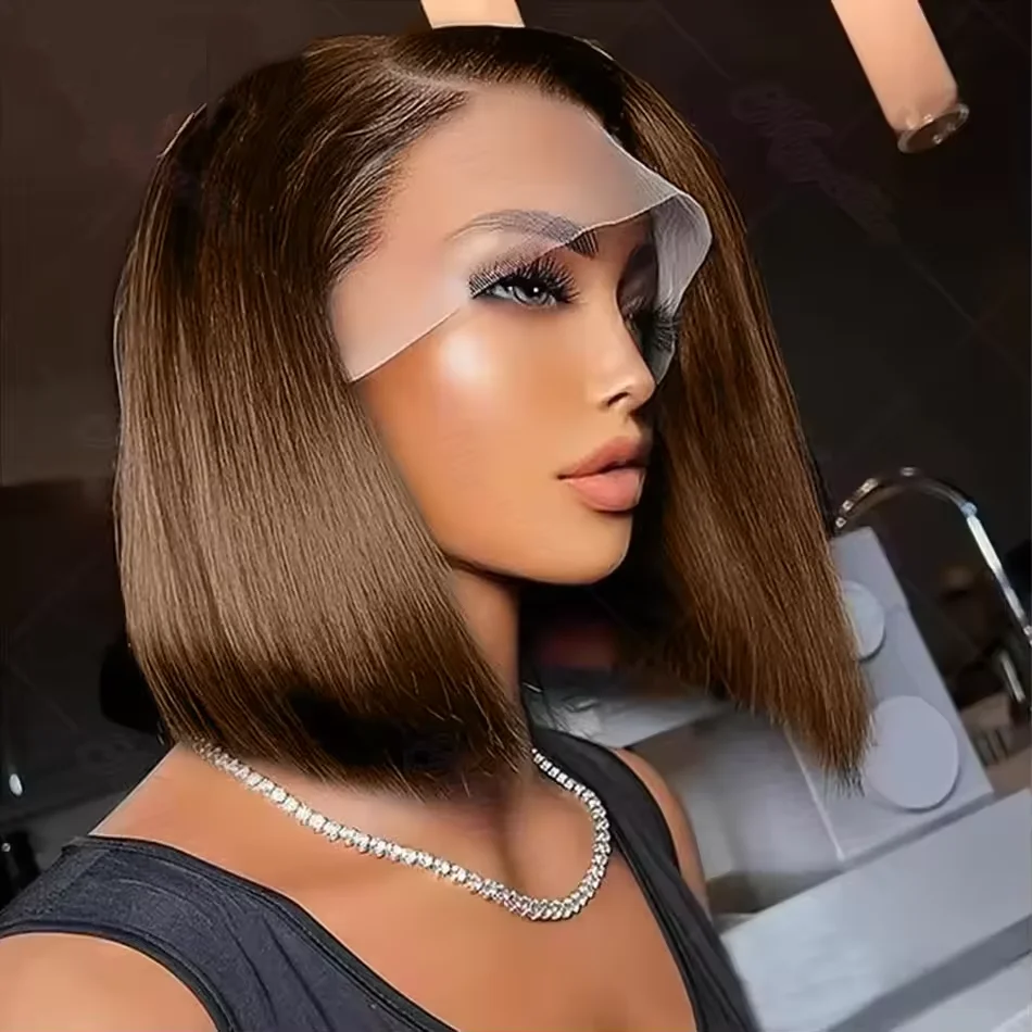 

13x4 Transparent Lace Front Human Hair Wigs 200 Density #4 Chocolate Brown Straight Bob Wigs Brazilian Human Wig Pre Plucked