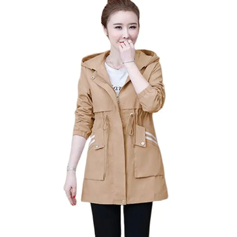 2022 Spring And Nutumn new Women's Solid Color Hooded Windbreaker Women's Mid-length Korean Style Casual Waist Loose Woat women