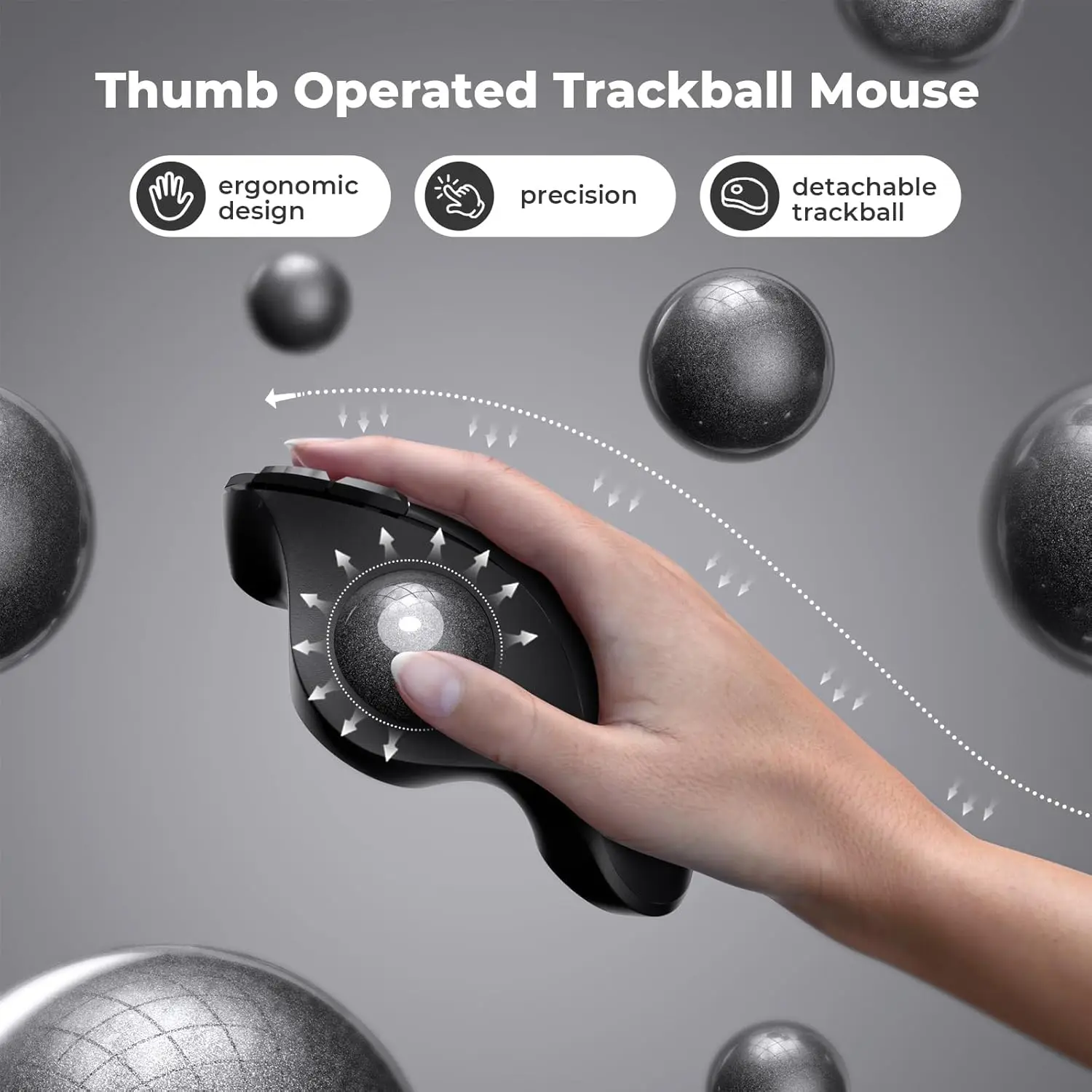 ProtoArc Mou301 Wireless Trackball Mouse Rechargeable USB Ergonomic Rollerball Mice Thumb Control 3 Adjustable DPI for PC Laptop