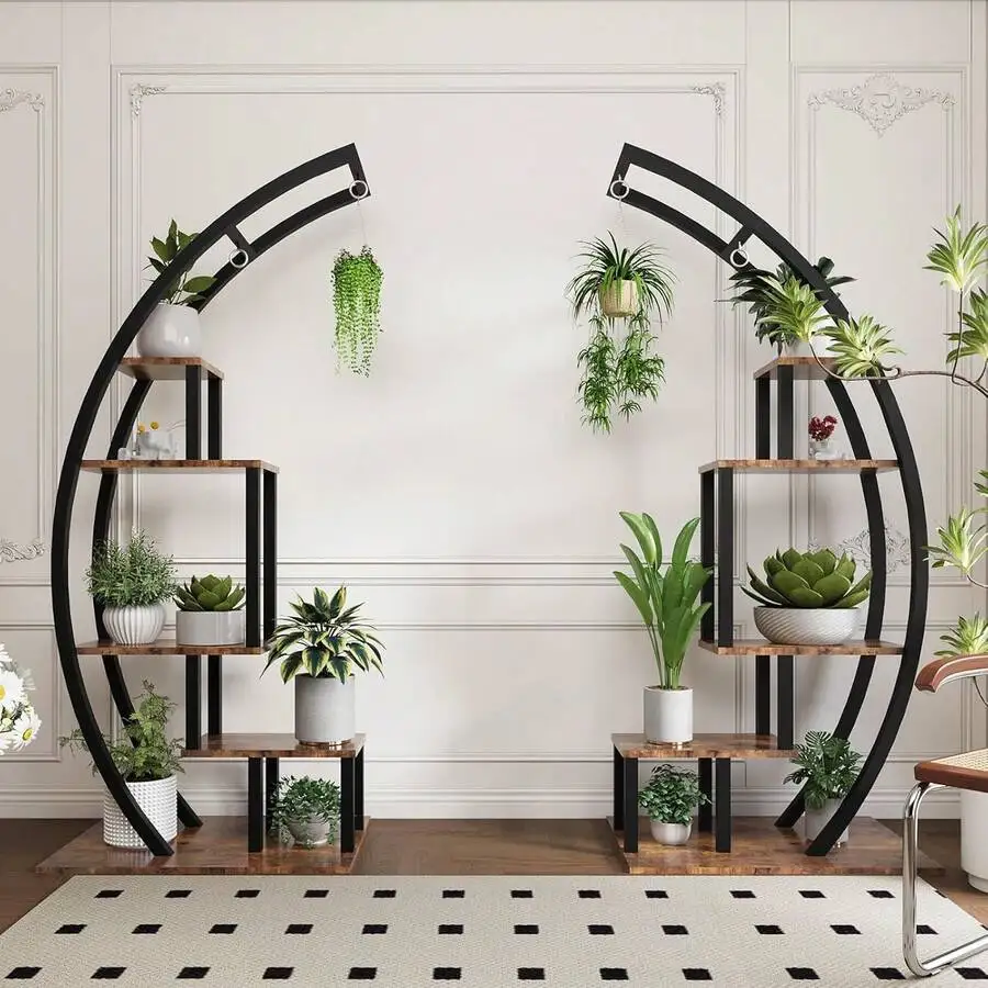Plant Stand Indoor Clearance, 5 Tier Tall Metal Large Plant Stands, 2 Pack Half Moon Plant Shelf, Stylish Tiered Flower Rack For