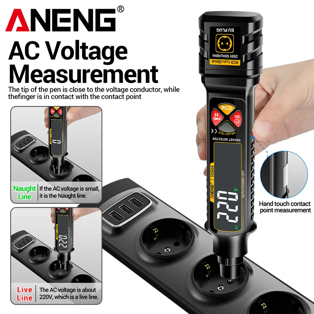 ANENG VD808 Presa Misuratore di fase Test di perdite Spina USA/UE Polarità di potenza Tester di tensione Penna Interruttore automatico Analizzatore Strumenti