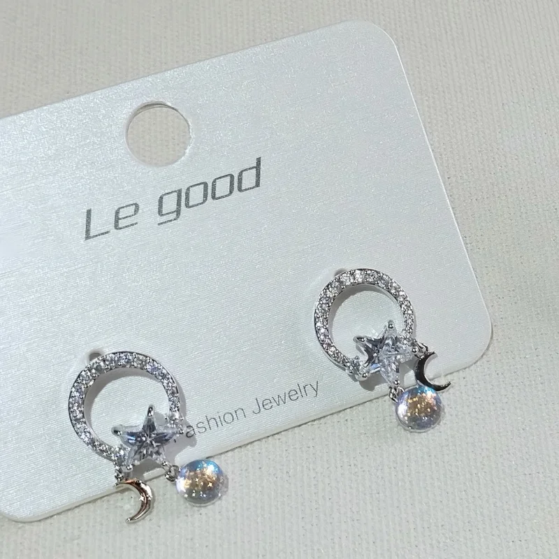 

Minimalist Silver Plated Celestial Hoop Earrings Sparkly Zircon Star Moon Dangle Earrings Women Feminine Jewelry