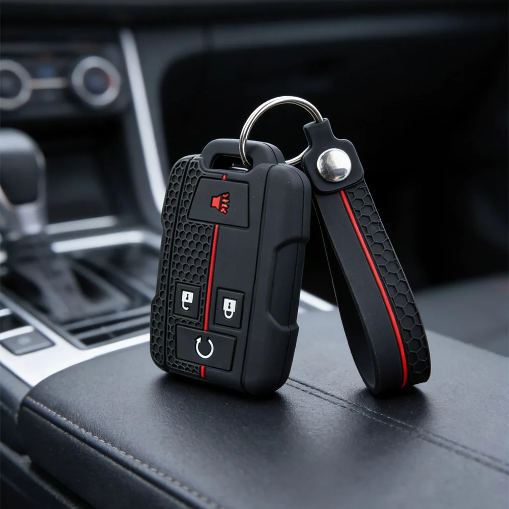 Honeycomb Anti‑Slip Silicone Key Fob Cover with Keyring for Chevrolet Silverado Suburban Tahoe GMC Yukon Sierra Terrain view 4