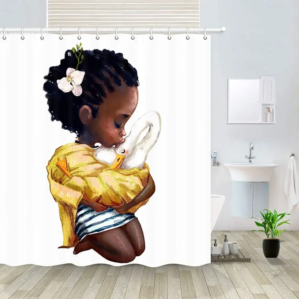 Afro Girl African Women of Curles Hairs Holding A Swan Bath Curtain