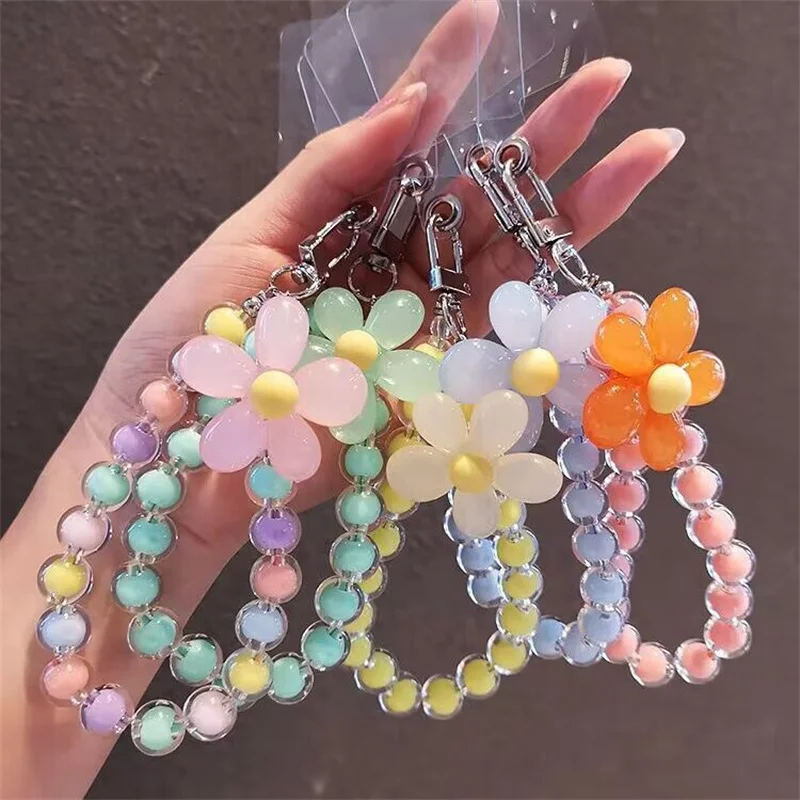 Anti-lost Flower Beaded Car Keychain Wrist Strap Macaron Color Cell Phone Charm Lanyard Hand-held Mobile Phone Case Pendant