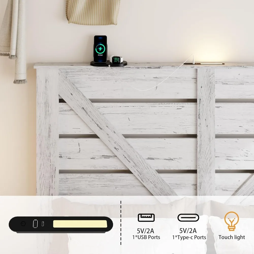 إطار سرير بحجم كينج مع لوح رأسي - منصة على طراز المزرعة مع أضواء LED وشحن USB بدون صندوق زنبركي سهل التجميع WhiteFram #4
