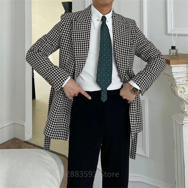 2 Piece Houndstooth Double Breasted Wedding Suits For Men Slim Fit Male Fashion Groom Tuxedo Set With Belt Latest Design