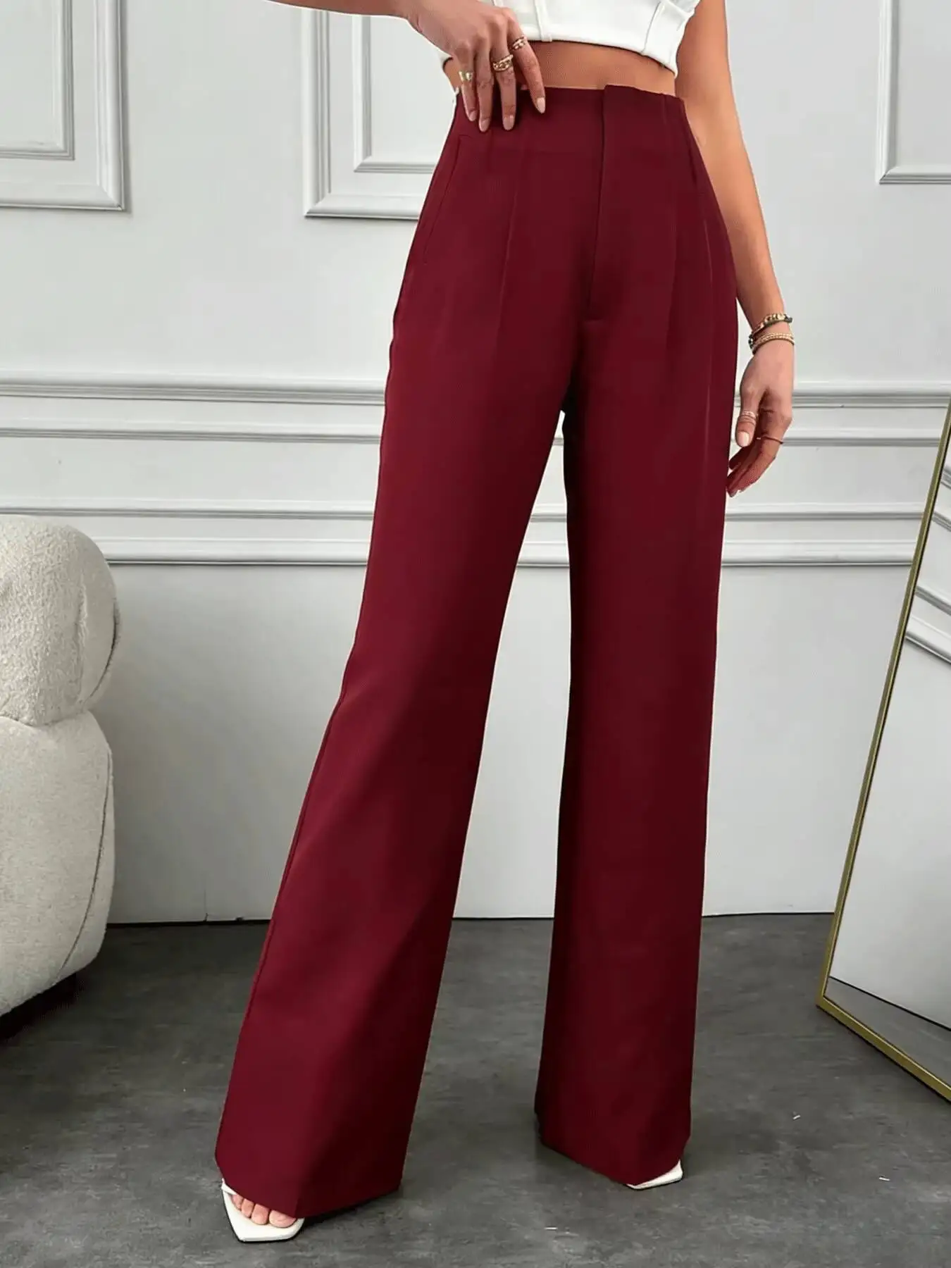 

Женские бордовые брюки с широкими штанинами, с высокой талией, плиссированные, для офиса, вечеринок, на весну-лето, элегантные, модные, формальные