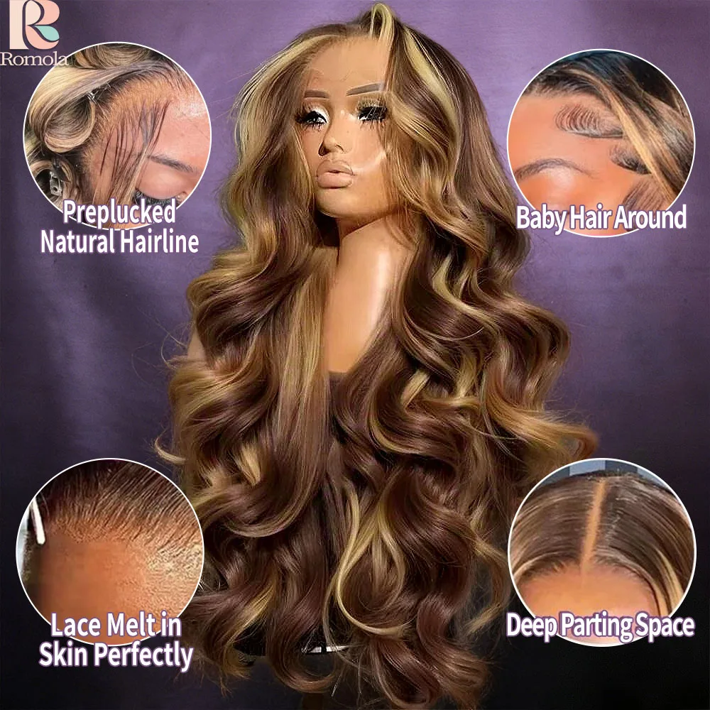 

Парик Romola Body Wave из натуральных волос с мелированием P4/27, фронтальный парик 13x6 с HD-кружевом, предварительно выщипанные волосы Baby Hair, плотность 200%, молниеносная распродажа