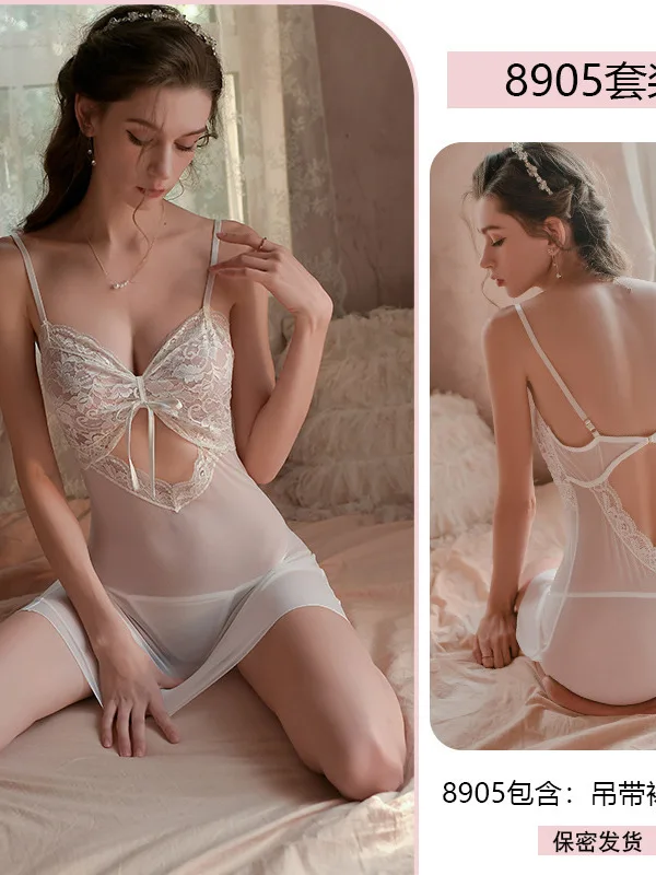 Kant Sheer Sexy Uniform Sling V-hals Uithollen Jurk Elegante Slanke Dunne Stijl Mini Jurk Zomer Homewear 8905 9ZXA