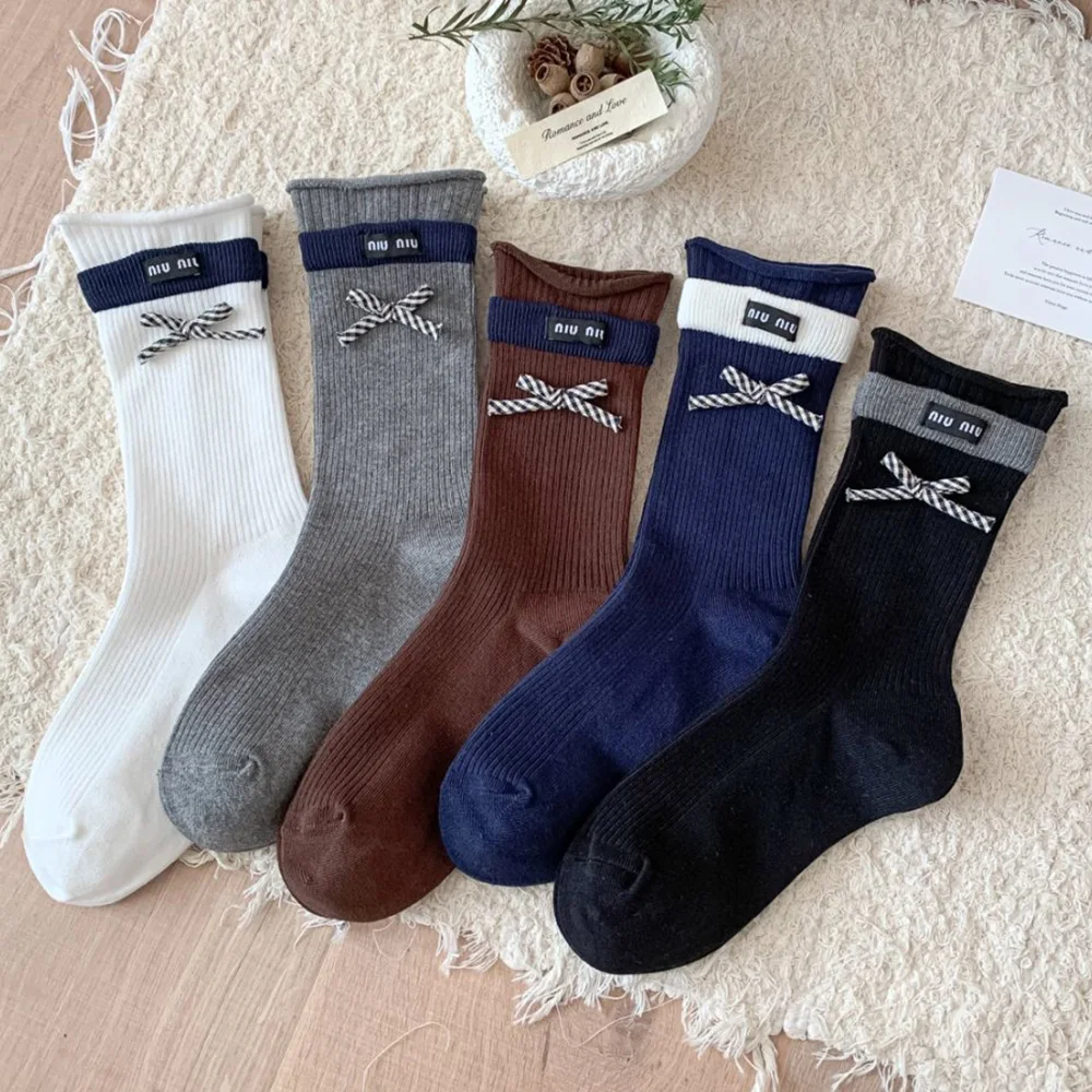 

Fashion Bow Women's Socks With Sweet Letter Fabric Label Middle Tube Socks Korean Style Casual Streetwear Socks