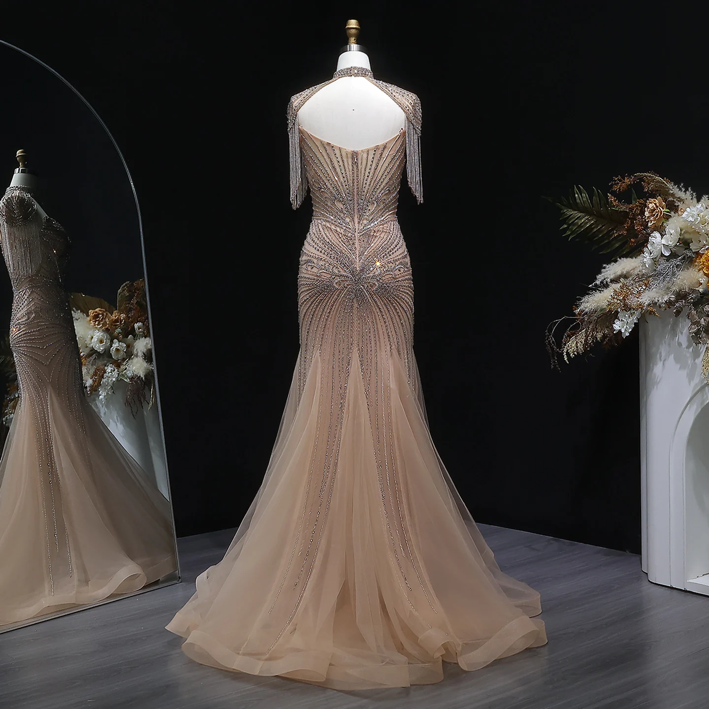 Sharon Said Elegantes Champagner-Meerjungfrauenkleid mit Cape-Ärmeln, Kristallperlen, Blaues Hochzeitskleid, SS021, Maßanfertigung – Detail 21