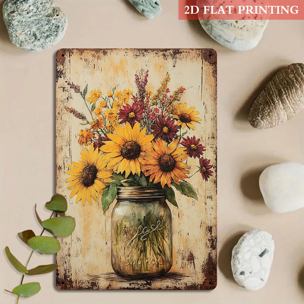 Vintage Sunflower Mason Jar Metal Sign Iron 8x12 Inch Retro Wall Decor Plaque Tin Plate For Home Office Kitchen