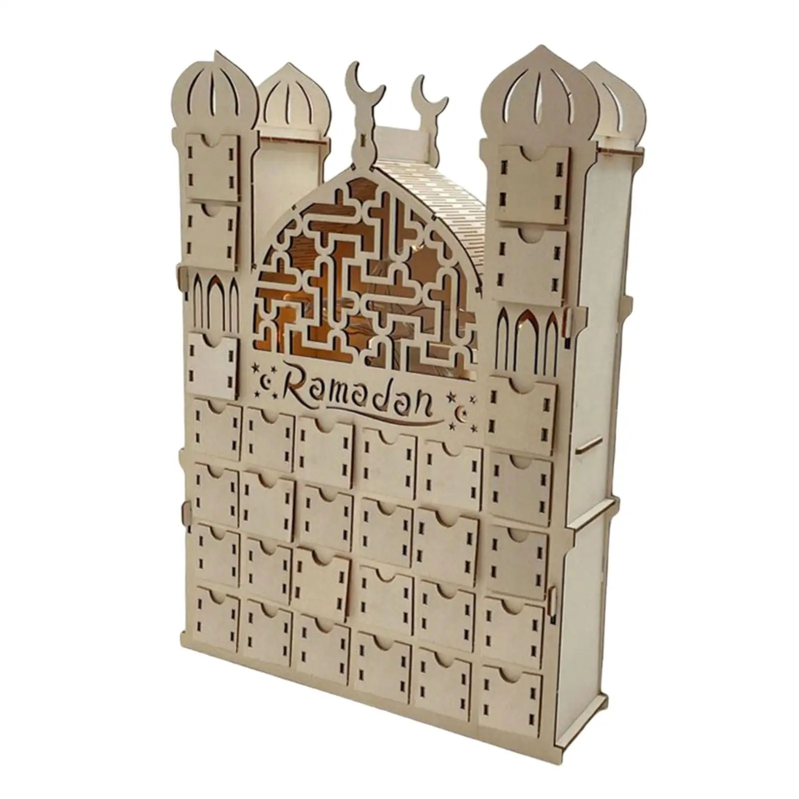 LED Light Wooden Advent Calendar Ramadan Countdown with 30 Drawers Eid Mubarak Decor for Home Table Islamic Ornament
