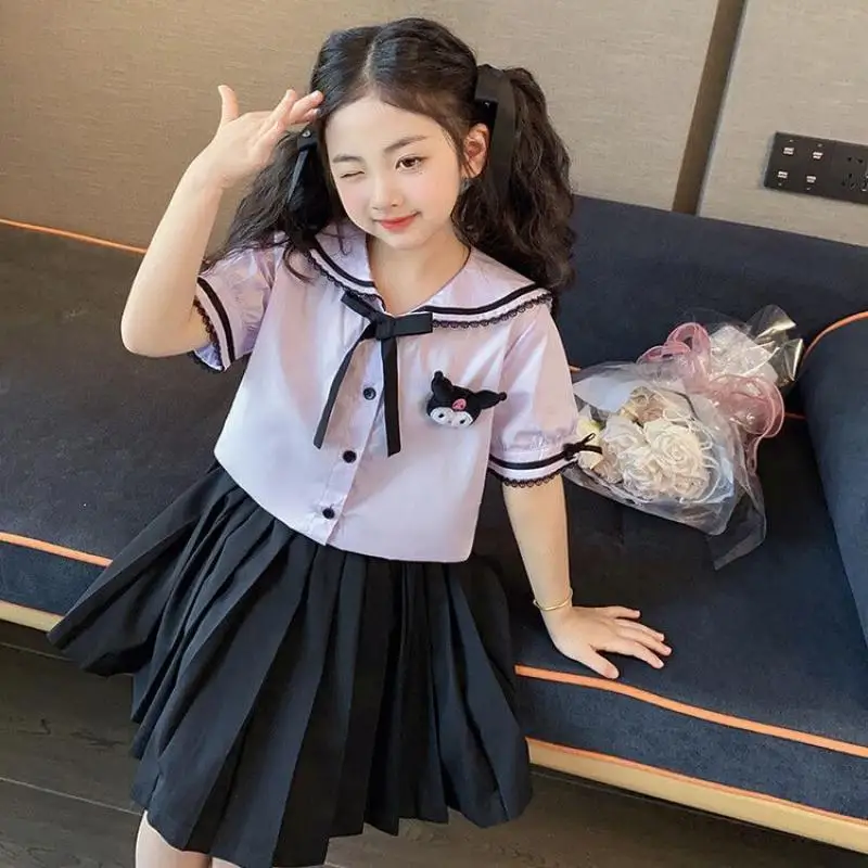 Kawaii Sanrios Kuromi Children College Style Dress Cute Girl Shirt Pleated Skirt Two-Piece Set Jk Uniform Summer Child Clothes