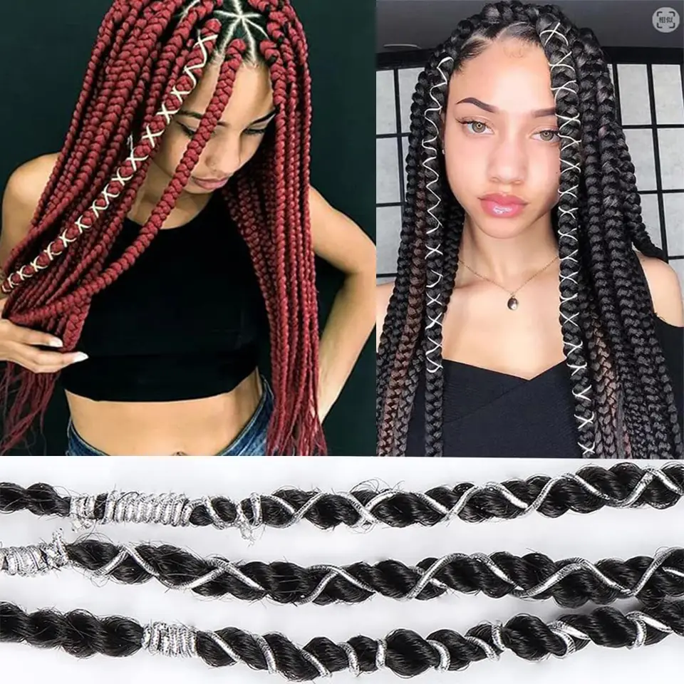 5 Piezas de Cuerdas de 5M para Trenzas, Accesorio de Cabello, Cuerda Envolvente para Trenzas, Cuerda para Dreadlocks, Trenzado Plateado y Dorado 4