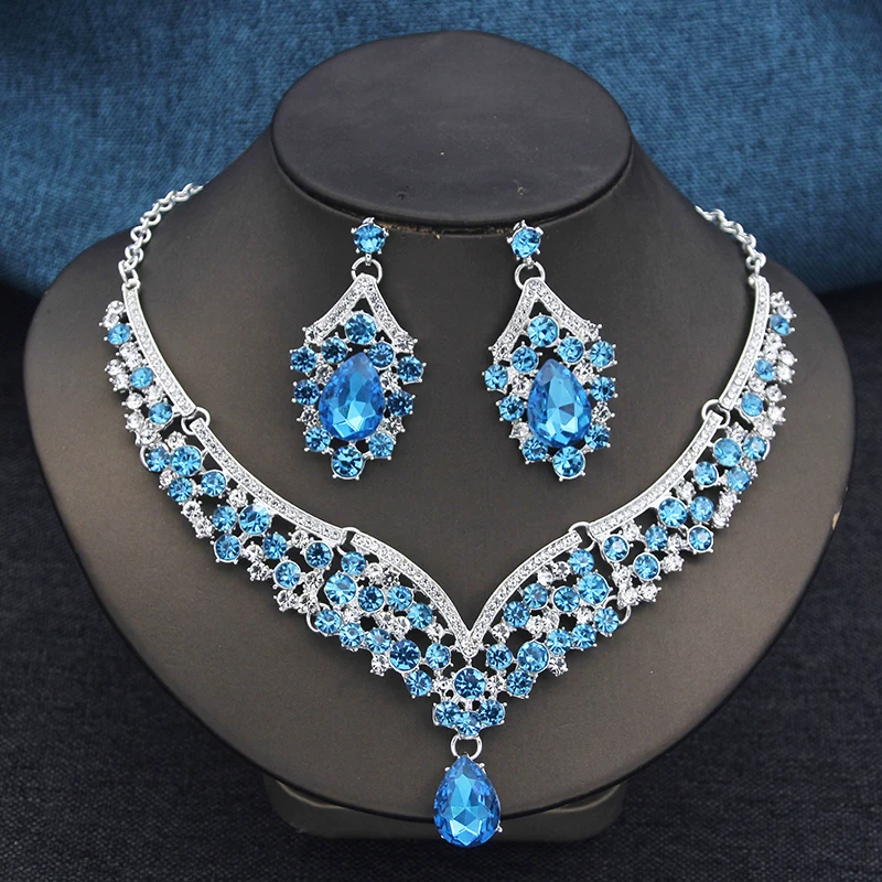 Elegant 2pcs Rhinestone Crystal Choker Necklace Sets for Women Fashion Jewelry Sets Bridal Wedding Dubai Necklace Earrings Set