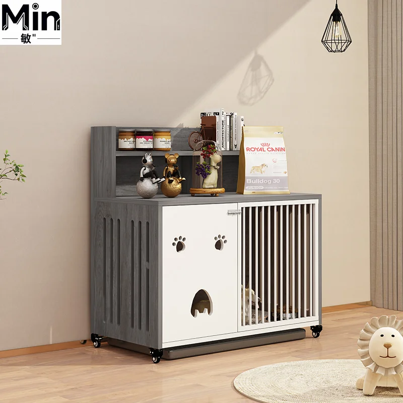 Ventilated Wooden Dog Crate with Wheels Removable Tray Glass Door Durable Pet Kennel for Medium to Large Dogs Indoor Use