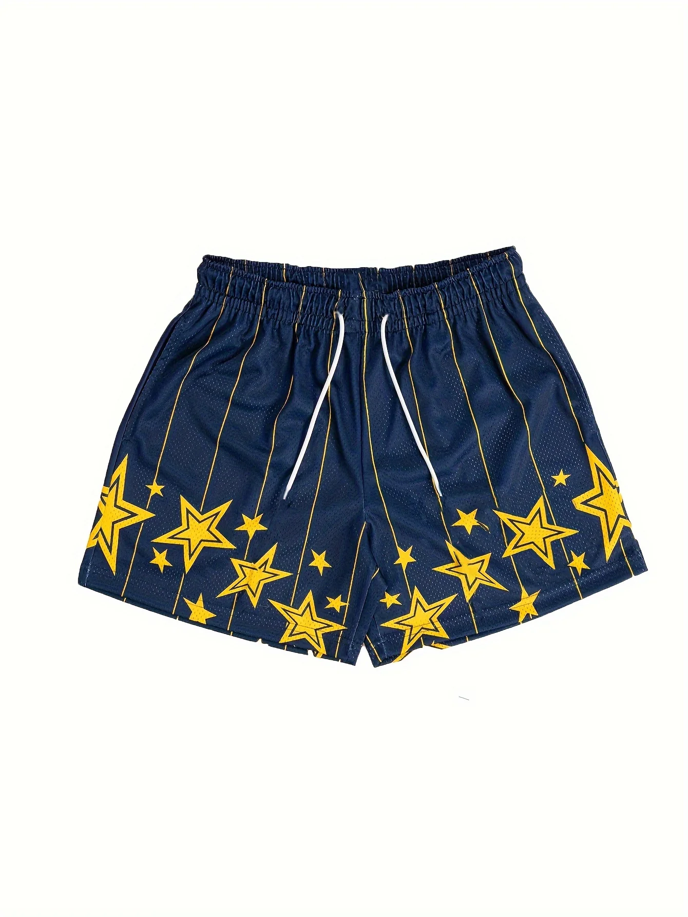 Fashion Navy Blue Yellow Geometric Star Pattern Athletic Shorts Quick Shorts Basketball Clothing Gym Running Loose Shorts Moto