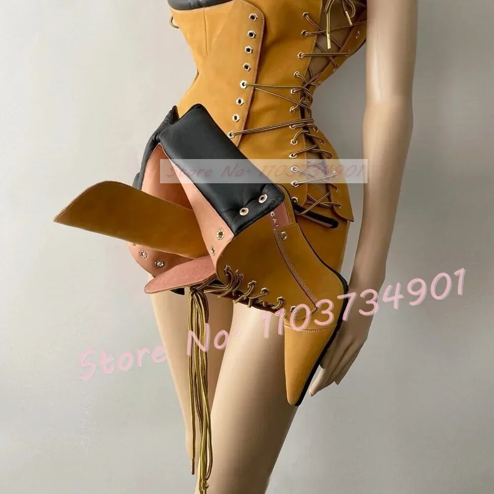 Hollow Lace Up Ankle Boots Women Yellow Thin High Heels Pointed Boots Lady Sexy Turned-over Edge Fashion Nifty Bare Heel Shoes