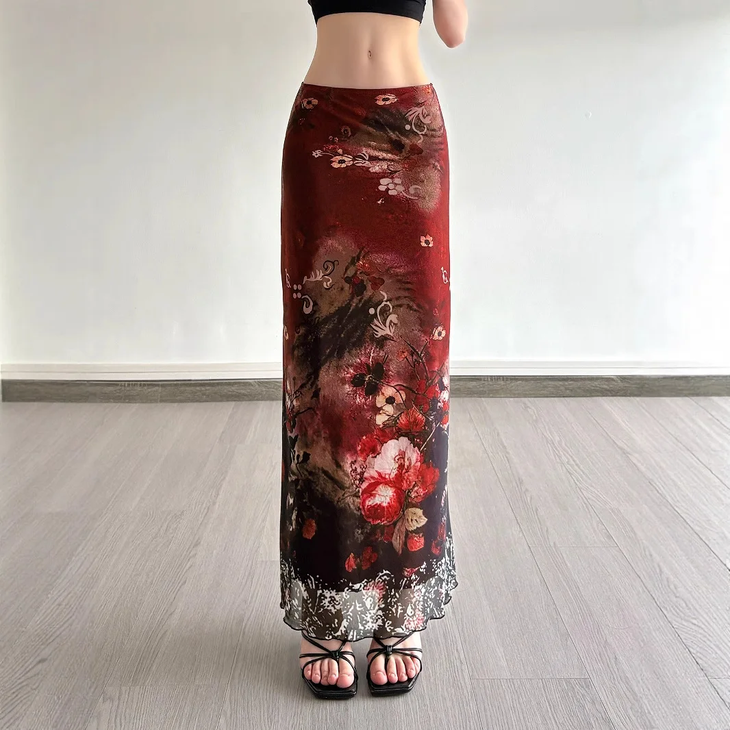 

Юбка-сетка с принтом в стиле Y2K для женщин, ретро, с эффектом похудения, комбинированная, с завышенной талией, А-силуэт, облегающая бедра