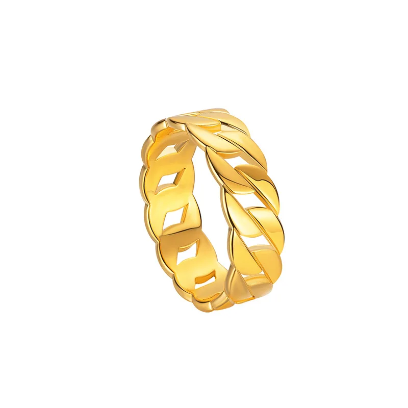 24K real gold Cuban Chain Ring Fashion ins simple design Internet celebrity 9999 gold cold wind chain ring