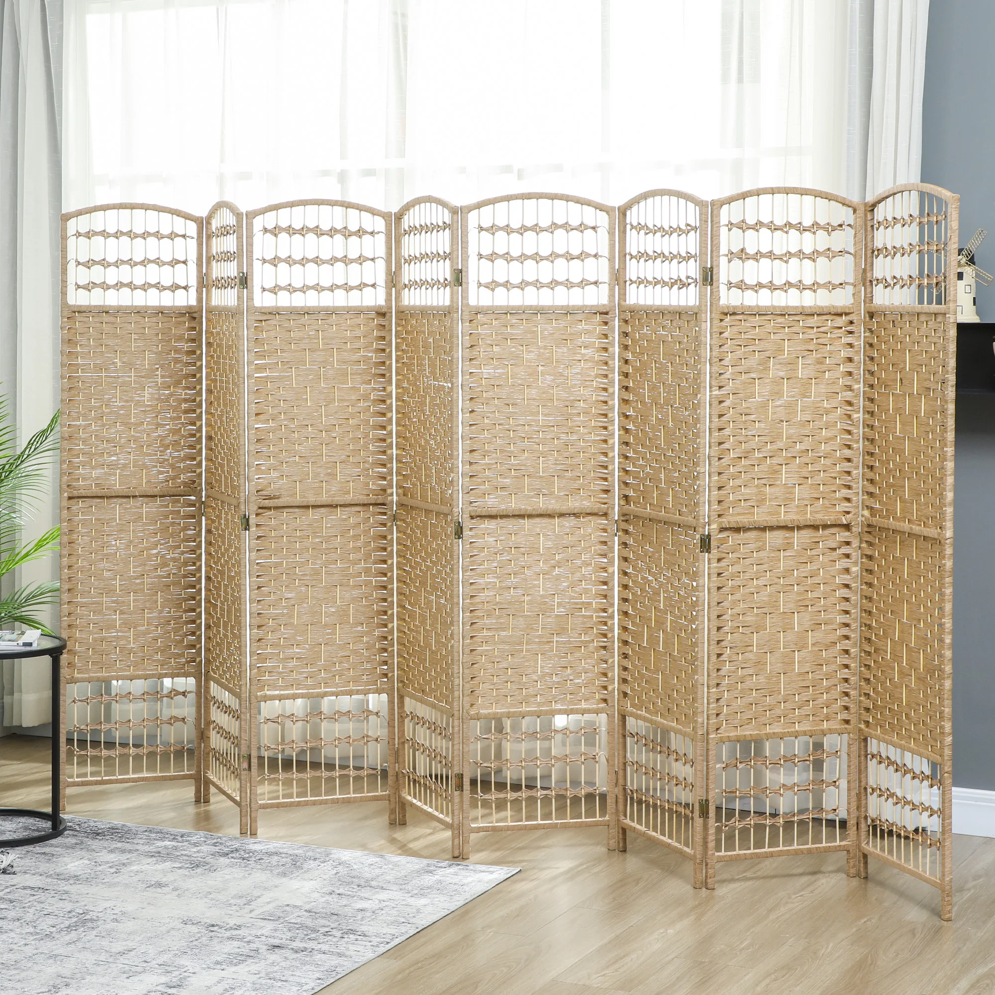 8 Panel Room Divider, Folding Privacy Screen, 5.6' Room Separator, Wave Fiber Freestanding Partition Wall Divider, Natural