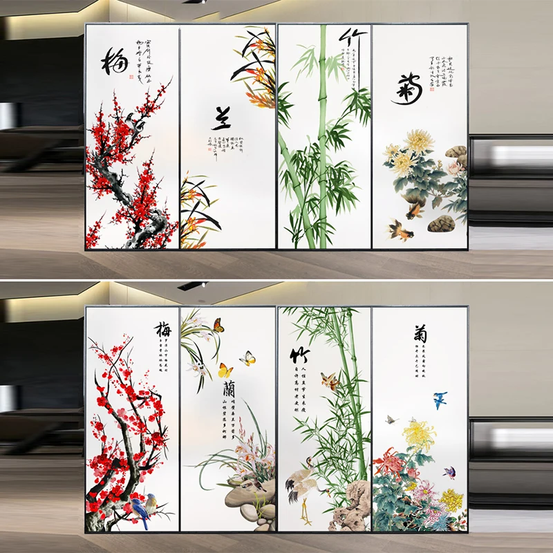 Chinese Ink Bamboo Orchid Flower Painting Glass Film Privacy Windows Film Static Cling Home Decor Stained Window Stickers