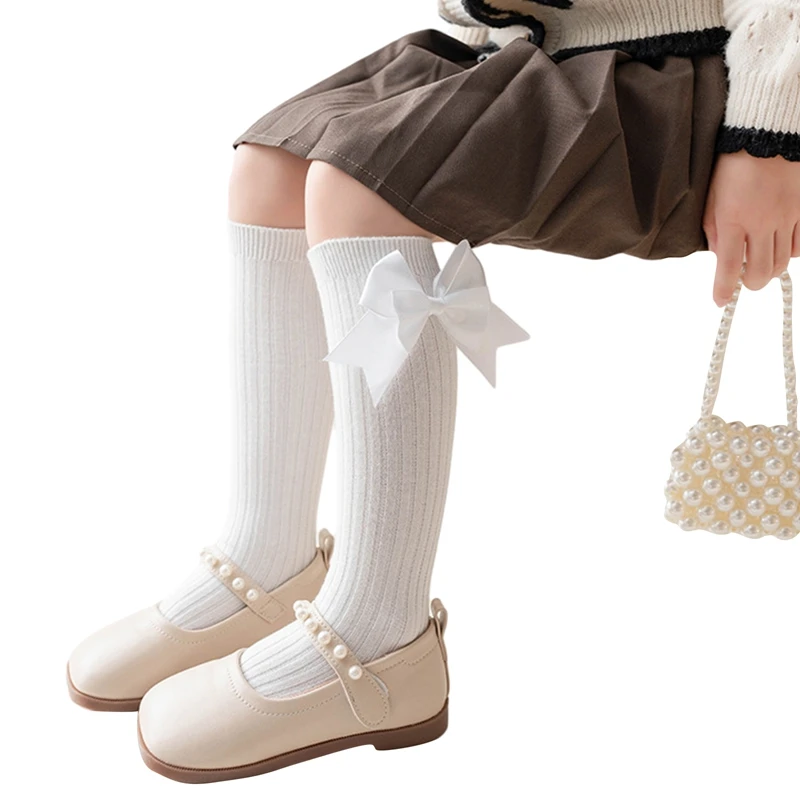 Listenwind Little Girl Lolita Knee High Socks Big Bowknot Ribbed Sweet Long Stockings Soft Crew Socks For 3-12 Months