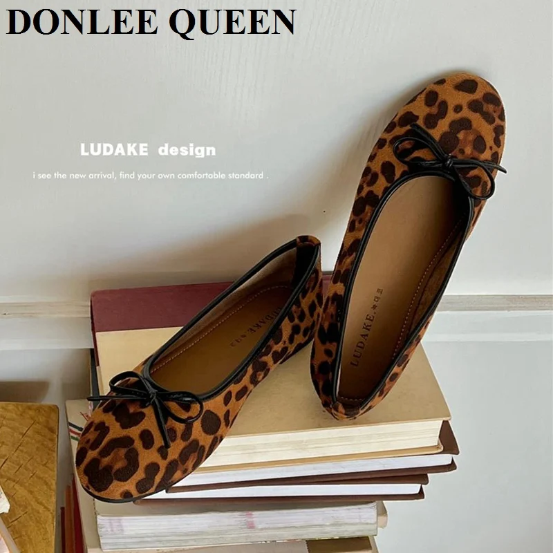 2024 Fashion Leopard Flats Shoes Women Flat Ballerina Loafers Slip On Soft Moccasins Round Toe Bow Knot Ballet Female Mary Janes