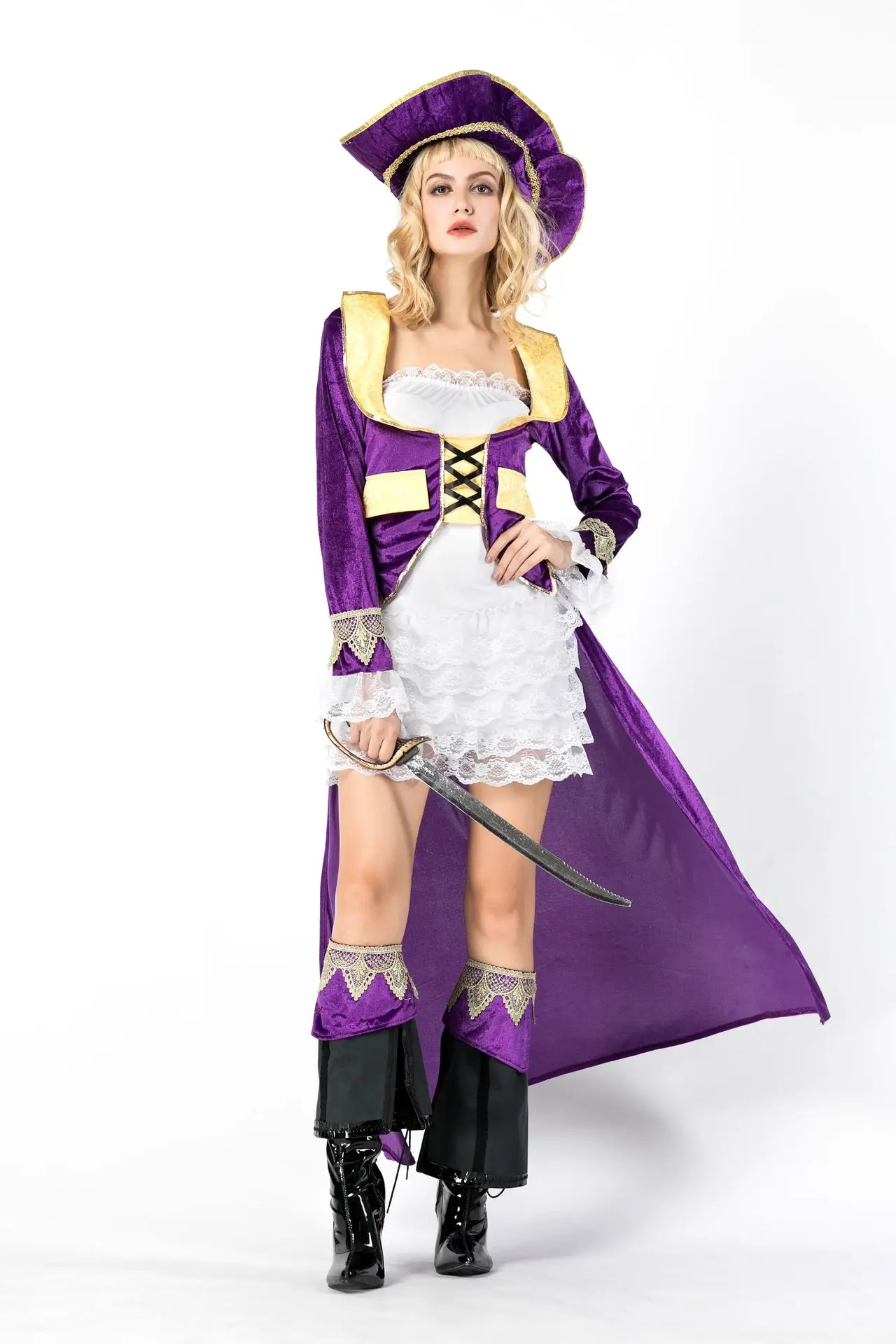 Halloween Women Pirates Costume of The Caribbean Pirate Captain Costume Deluxe Pirate Dress Cosplay Fantasia Fancy Purple Dress